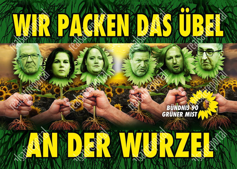 Aufkleber "Wir packen das Übel an der Wurzel" in zwei Größen, 25 Stück - realsatireportal