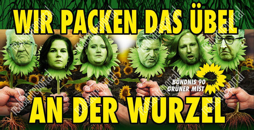 Banner "Wir müssen das Übel an der Wurzel packen" in verschiedenen Größen. - realsatireportal