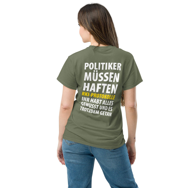 Klassische T-Shirt "Politiker müssen haften" in vielen Farben. - realsatireportal