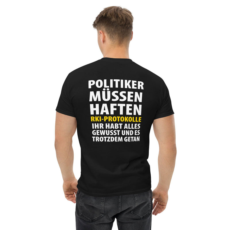 Klassisches T-Shirt "Politiker müssen haften" in vielen Farben. - realsatireportal