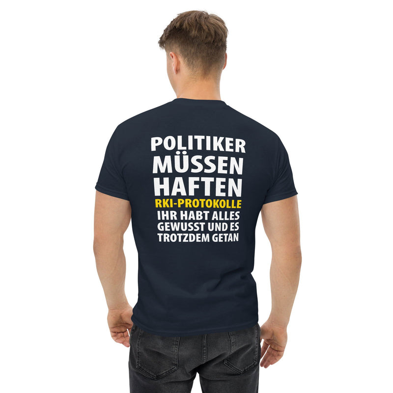 Klassisches T-Shirt "Politiker müssen haften" in vielen Farben. - realsatireportal