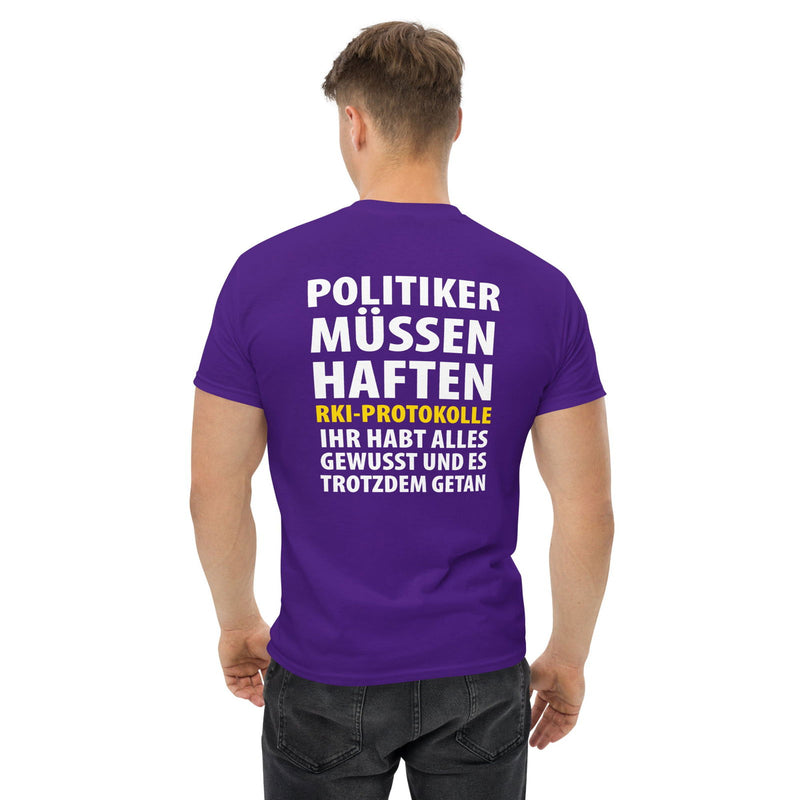 Klassisches T-Shirt "Politiker müssen haften" in vielen Farben. - realsatireportal