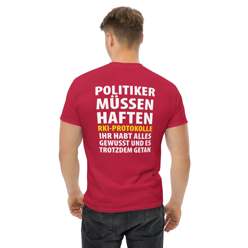 Klassisches T-Shirt "Politiker müssen haften" in vielen Farben. - realsatireportal