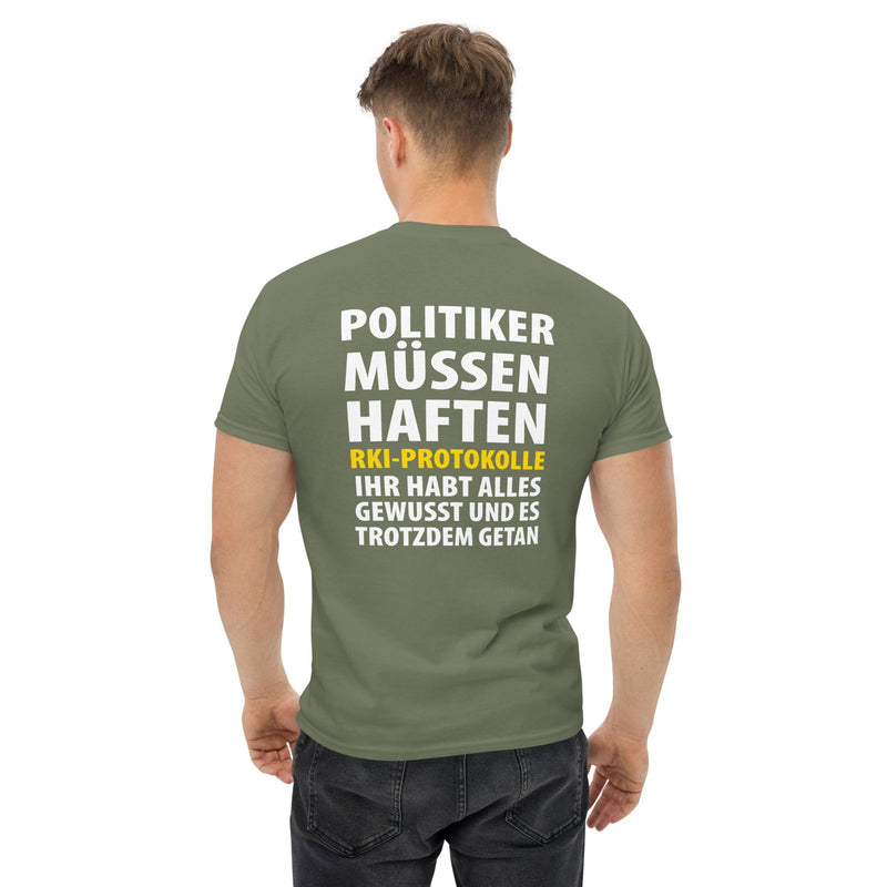 Klassisches T-Shirt "Politiker müssen haften" in vielen Farben. - realsatireportal
