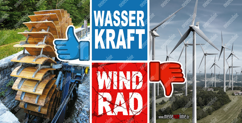Banner "Wasserkraft anstatt Windrad" in verschiedenen Größen.