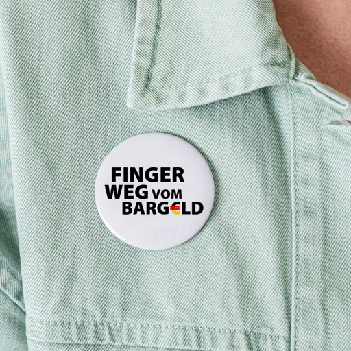 "Finger weg vom Bargeld" Buttons groß 56 mm (5er Pack) - weiß